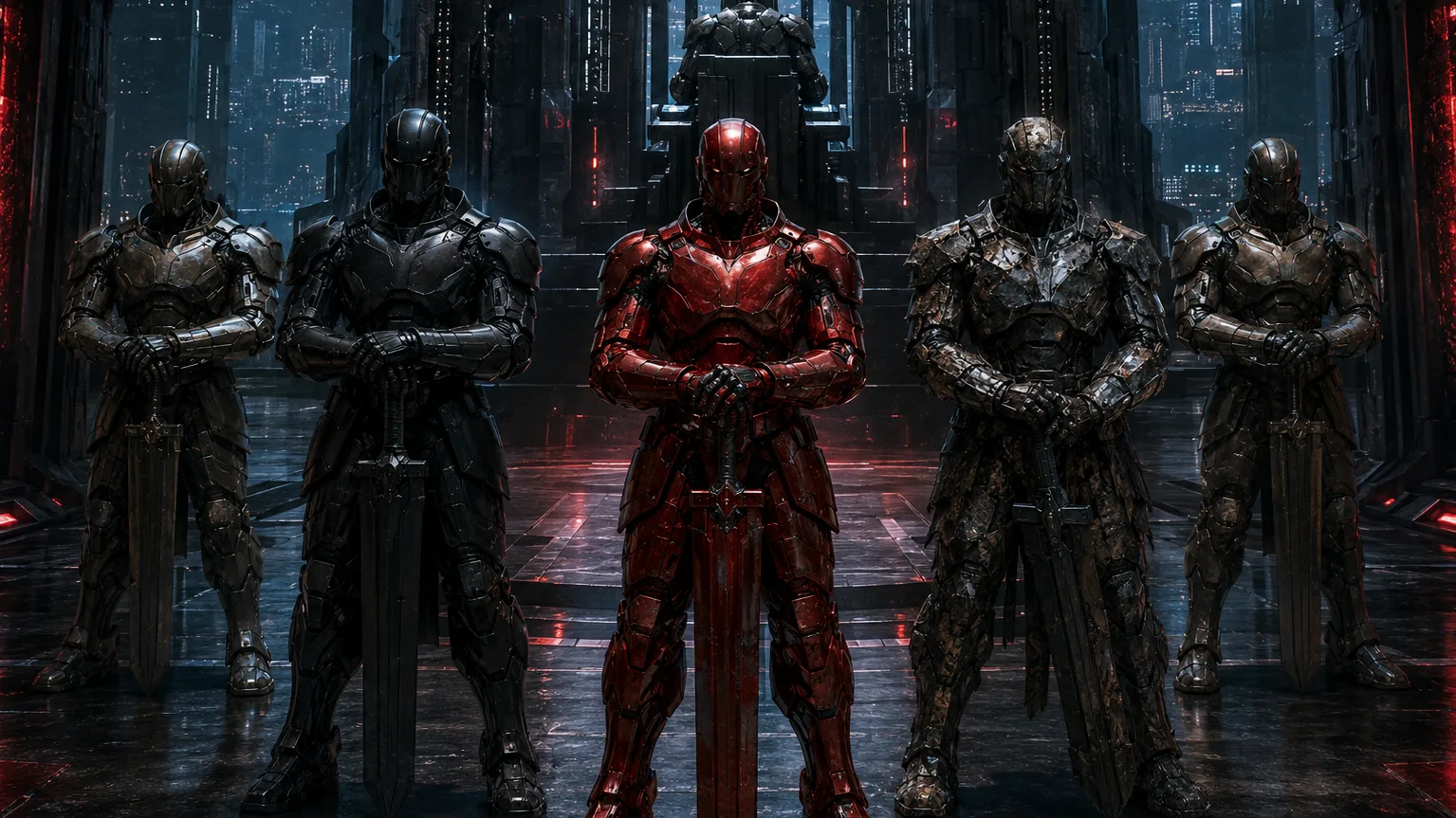 Les Dix Guerriers cyborgs alignés dans la salle du trône de Varn-Kor Central, vus de dos face au roi WZ 6095