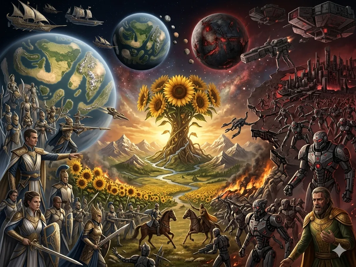 Scène symbolique de la guerre des Trois Mondes