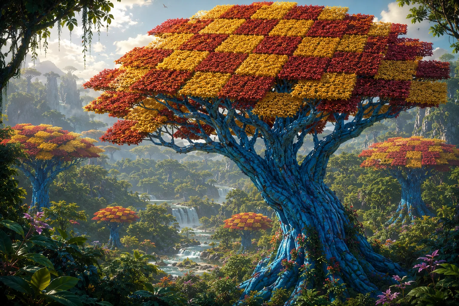 Le golopt, arbre au tronc bleu et aux feuilles carrées rouges et jaunes