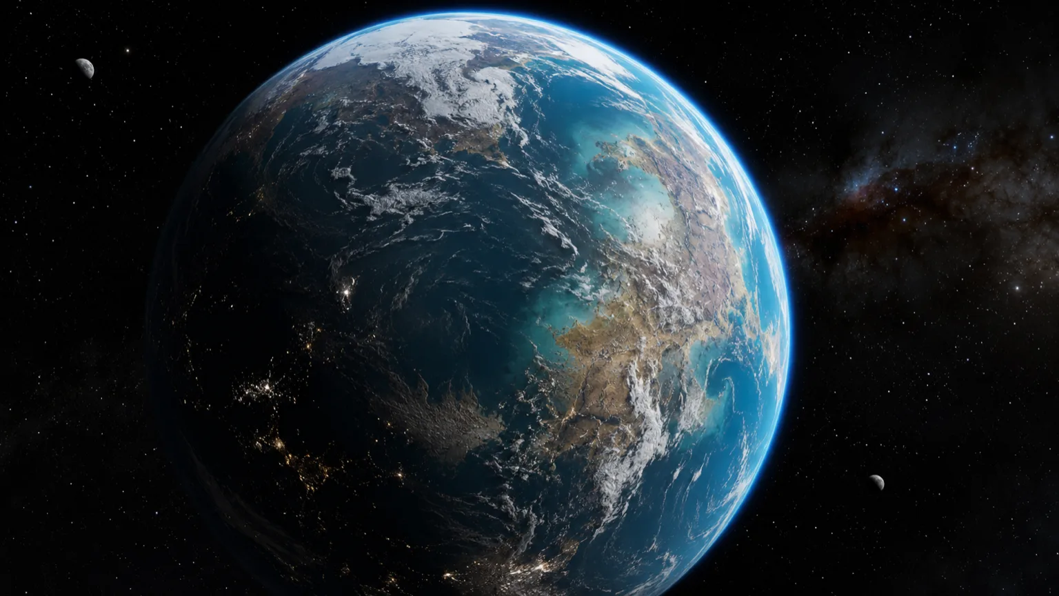 Vue orbitale de Nerya, monde océan turquoise à deux lunes