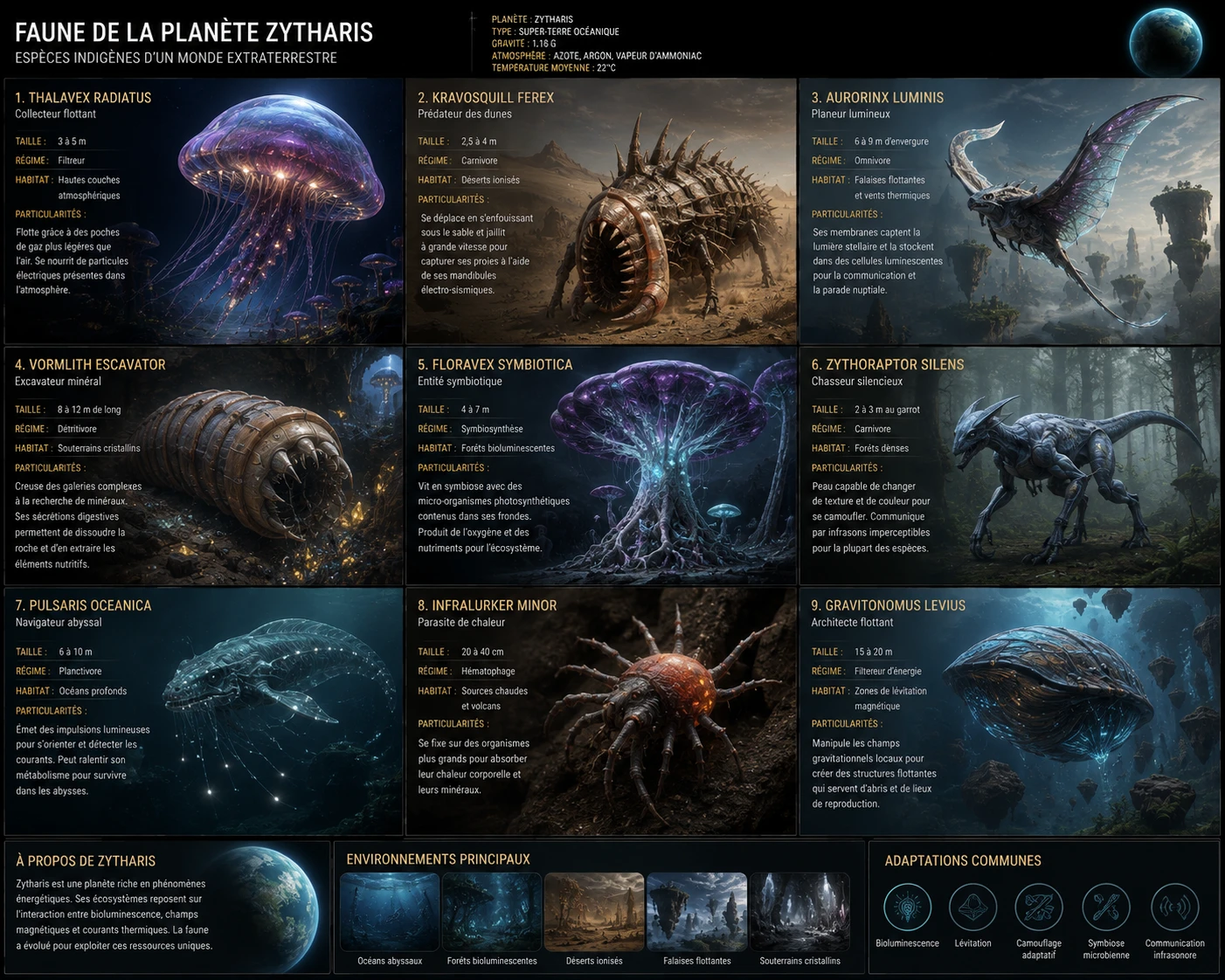 Planche de faune de Zytharis : neuf espèces indigènes et leurs adaptations