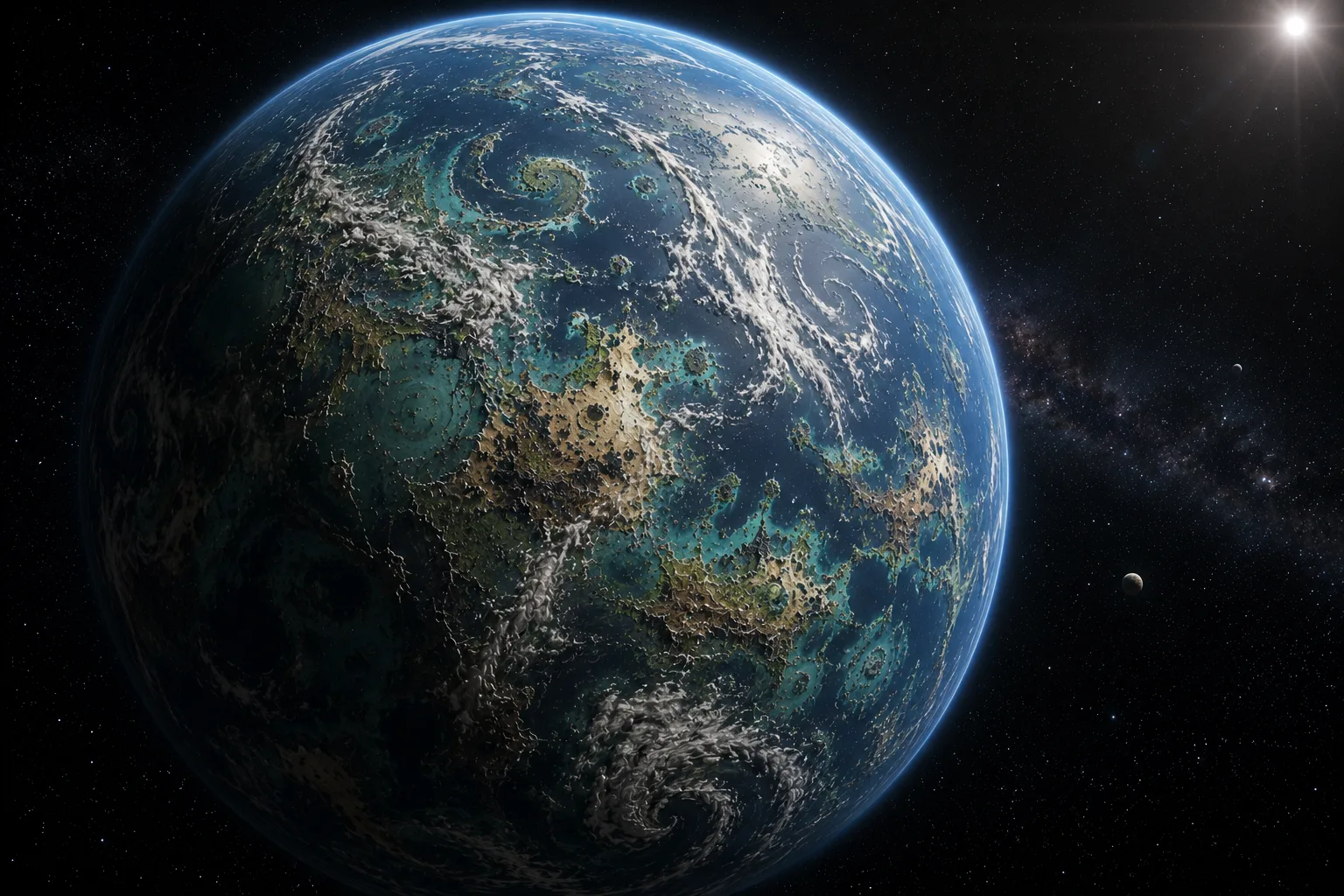 Vue orbitale de Zytharis, super-Terre océanique aux spirales nuageuses et aux hauts-fonds turquoise